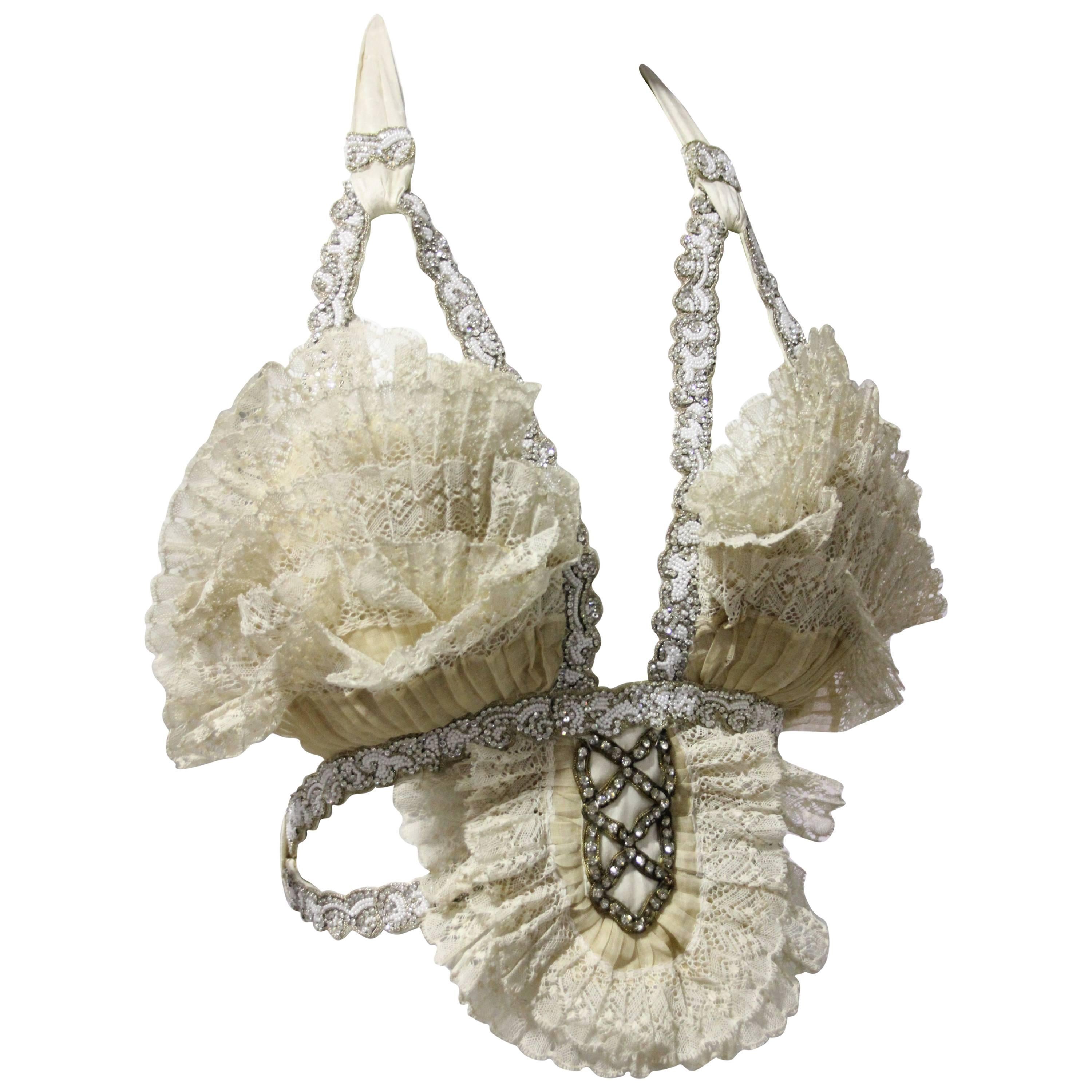 Abbreviated Victorian Cream Pleated Lace Bustier with Silk Ties at Back
