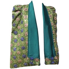 Retro 1950s Couture Emerald Silk Brocade Evening Cape with Jeweled Flowers