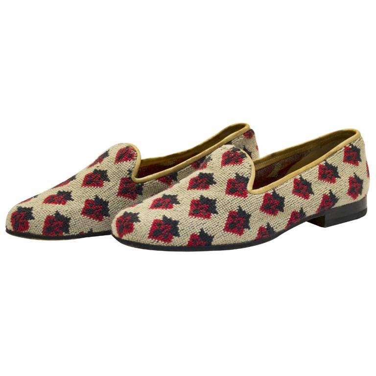 1970s Stubbs and Wootton Strawberry Pattern Needlepoint Slippers at