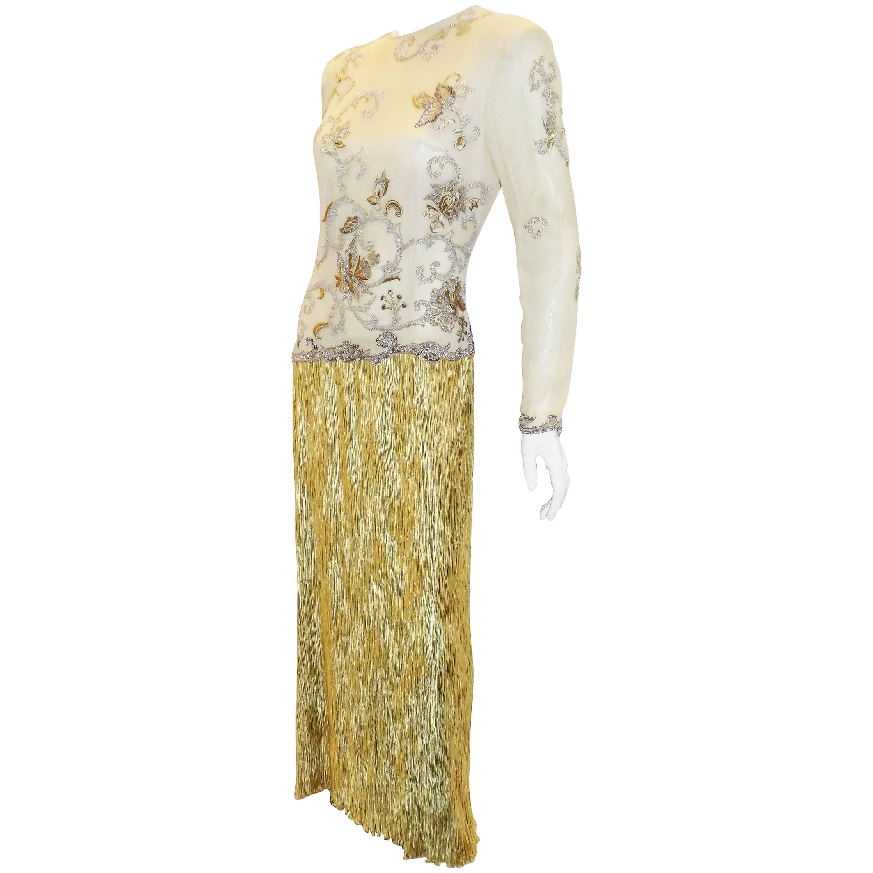Mary McFadden Couture Gold beaded Bodice with Gold pleated Skirt Gown 