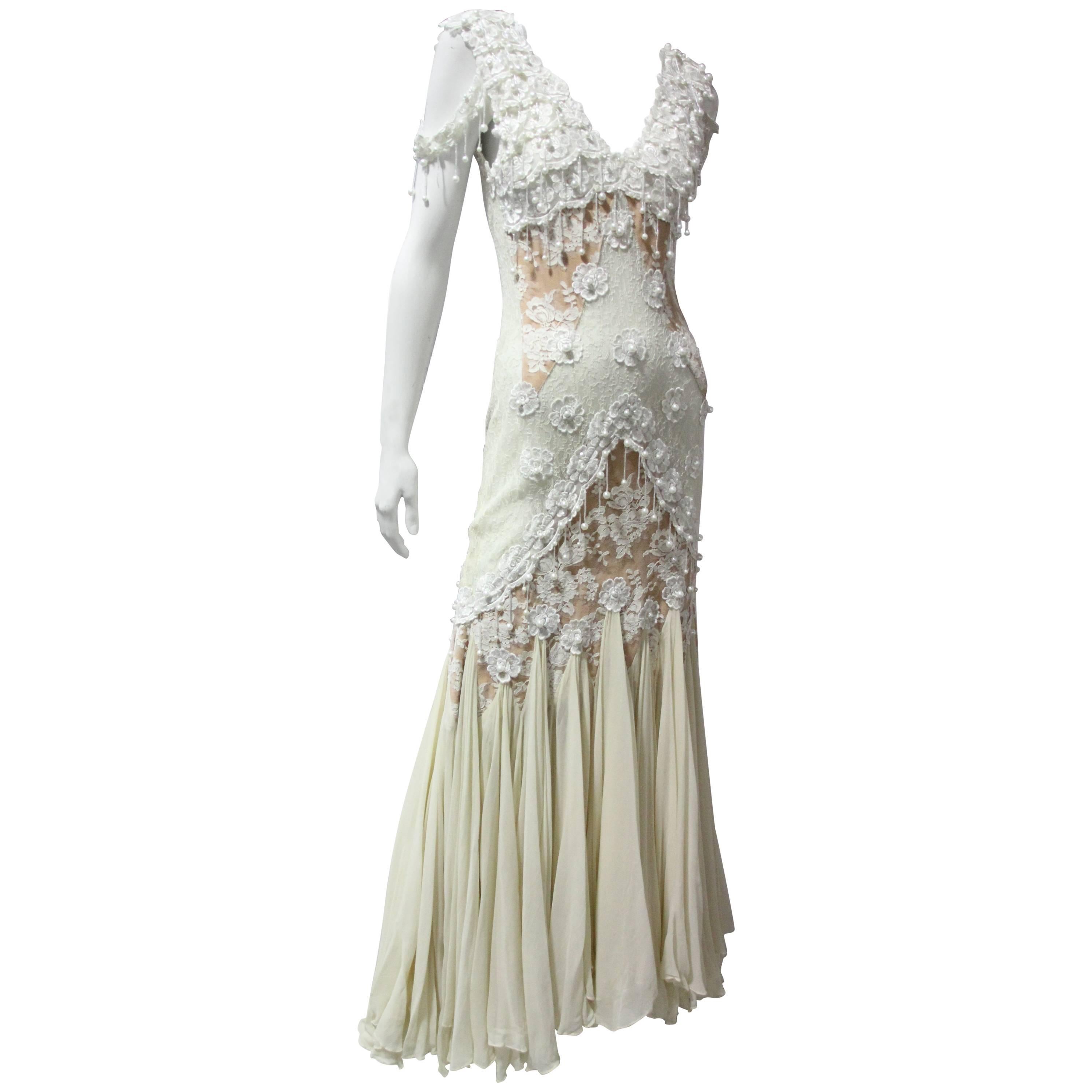 Antique White / Nude Lace Slip Dress with Pearls and Chiffon Mermaid Hem
