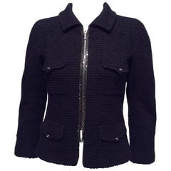 Chanel Black Jacket With Pewter Zipper And Chain Accent Sz34 (Us 2)