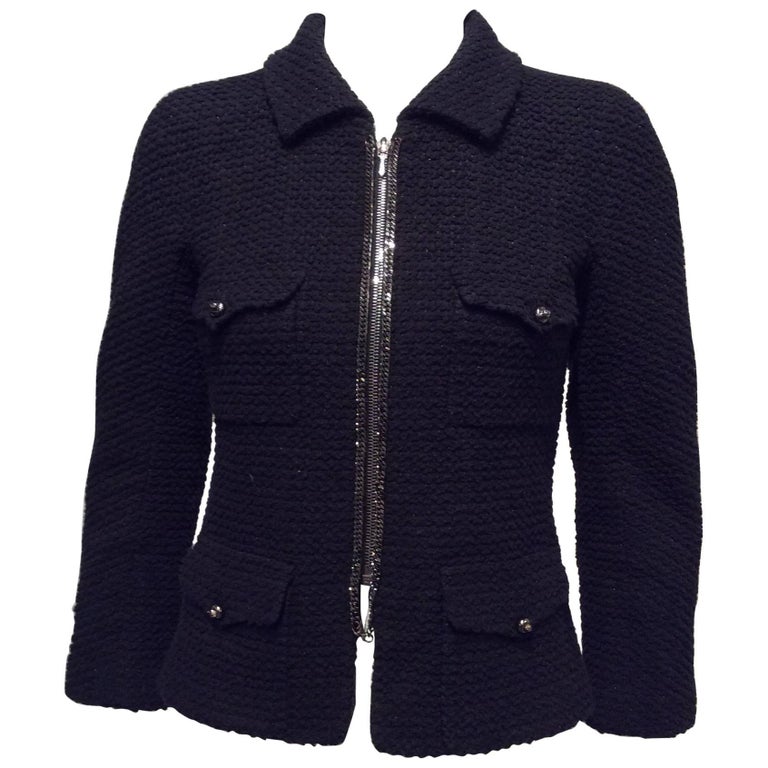 Chanel Black Jacket With Pewter Zipper And Chain Accent Sz34 (Us 2) at
