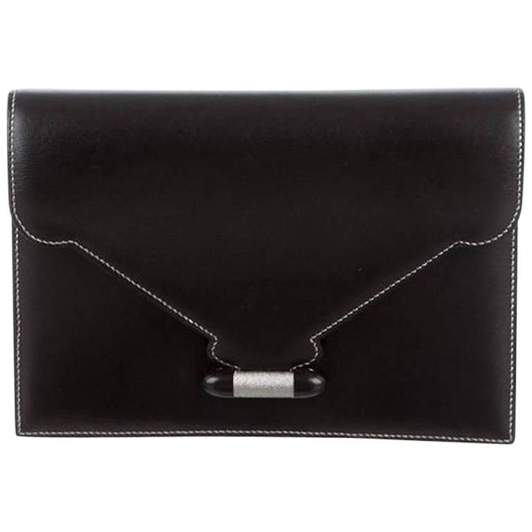 Hermes Leather Silver Toggle Envelope Evening Flap Clutch Bag