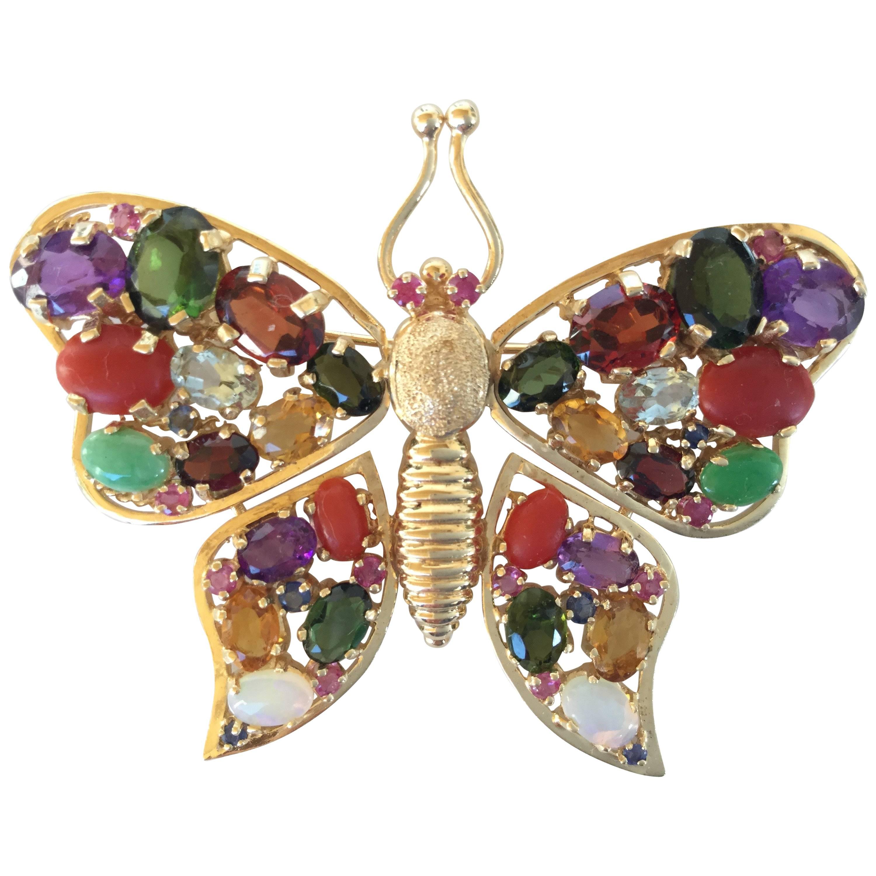 Large 1960's Gem Encrusted Butterfly Brooch. 14k Yellow Gold. High Impact.