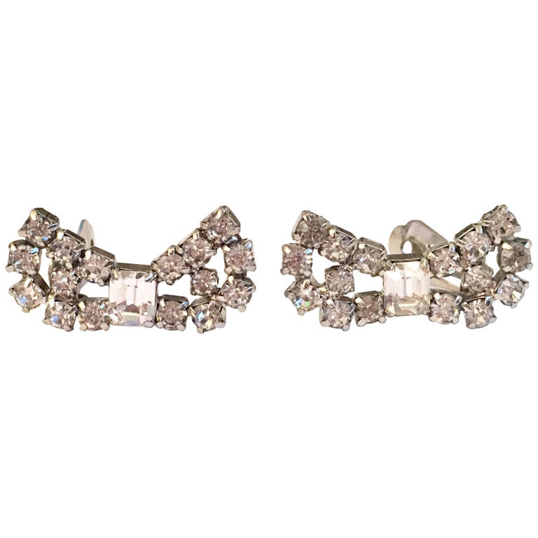 1950 S Silver And Swarovski Crystal Clear Rhinestone Bow Earrings 1950 S Silver Swarovski Crystal Clear Rhinestone Bow Earrings
