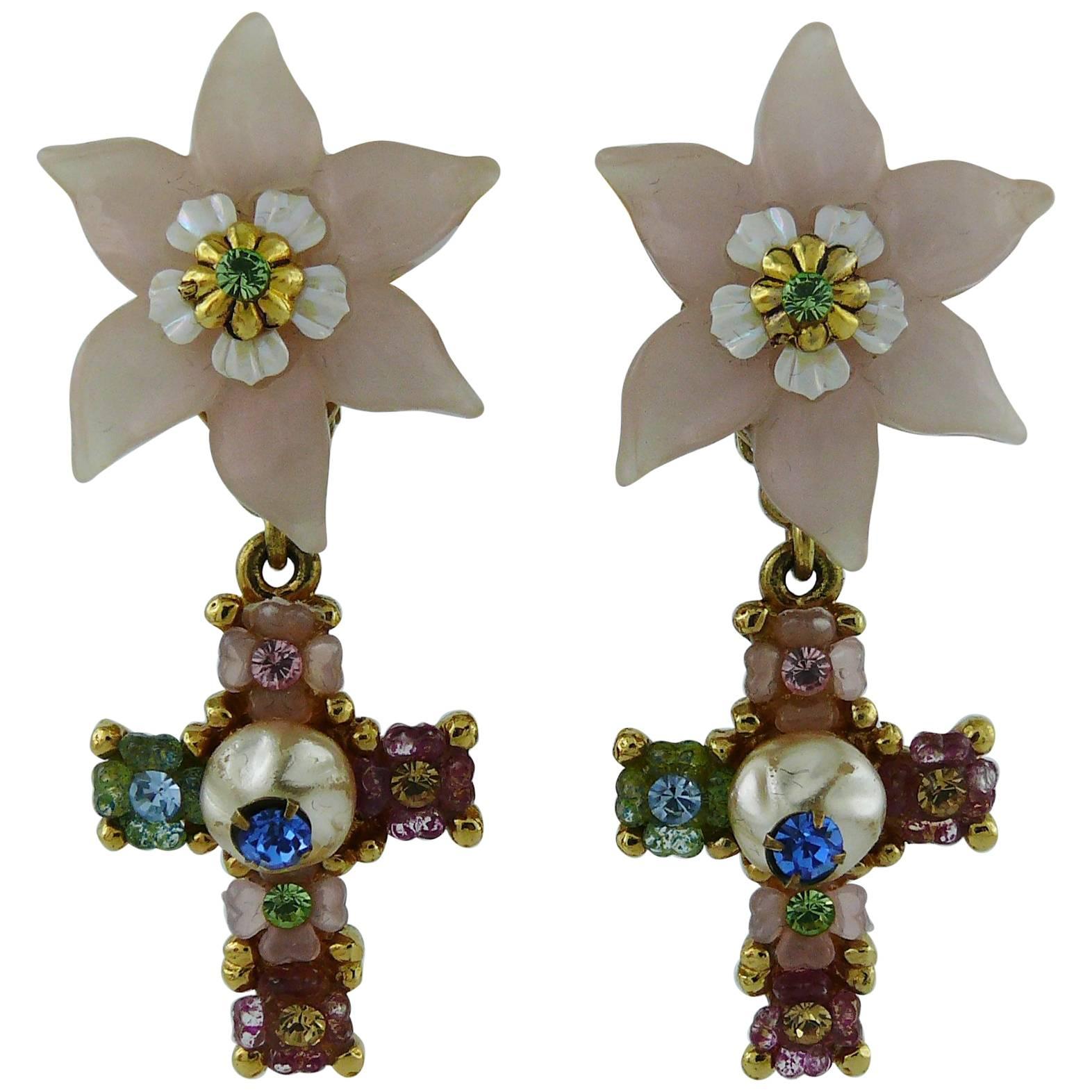 Christian Lacroix Vintage Jewelled Flower Cross Dangling Earrings 