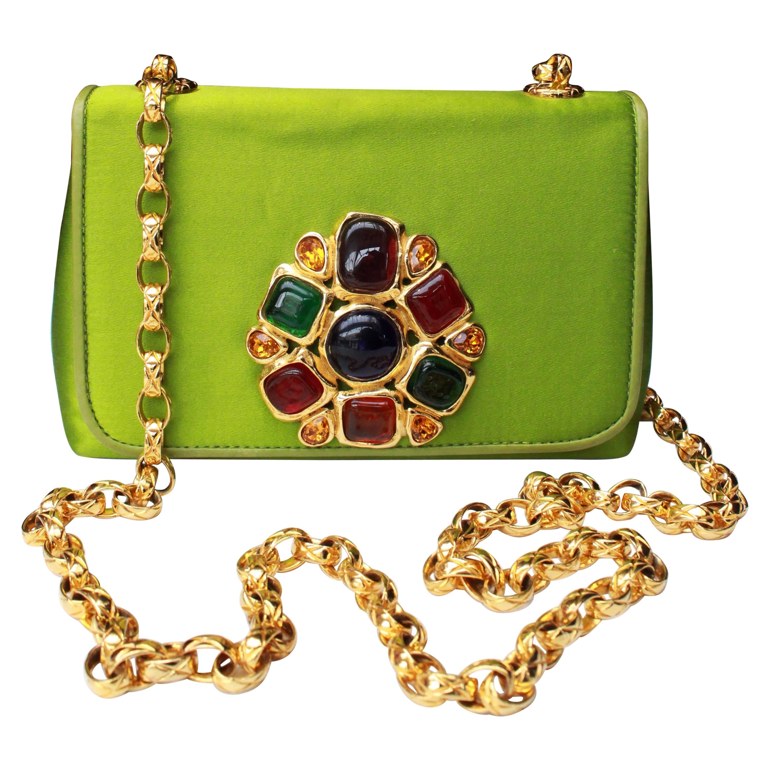 Chanel green satin jewel evening bag For Sale