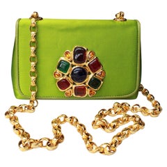 Retro Chanel green satin jewel evening bag