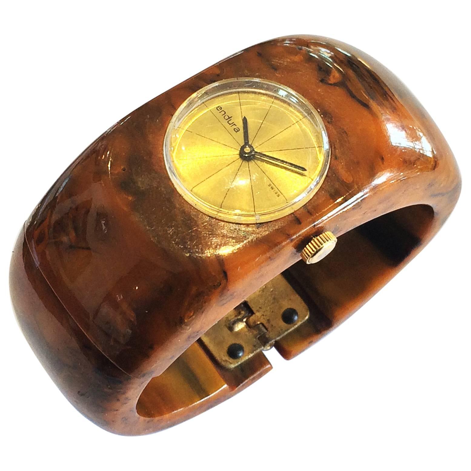 Art Deco Bakelite Watch by Endura in Mississippi Mud hinged clamper