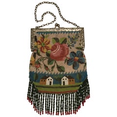 Antique Victorian Micro-Beaded Scenic Fringed Bag. Floral Metal Clasp. 1880's.