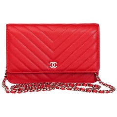 Vintage 2017 Chanel Red Chevron Quilted Caviar Leather Wallet-On-Chain WOC 