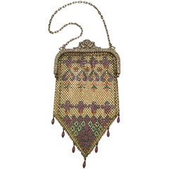 Antique Mandalian Art Deco Chainmail Metal Bag with Enamel Bead Fringe, 1920s