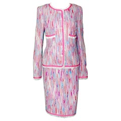 Used CHANEL Pink Multicolor Barbiecore Tweed Top Skirt Jacket 3 PCS Suit Ensemble