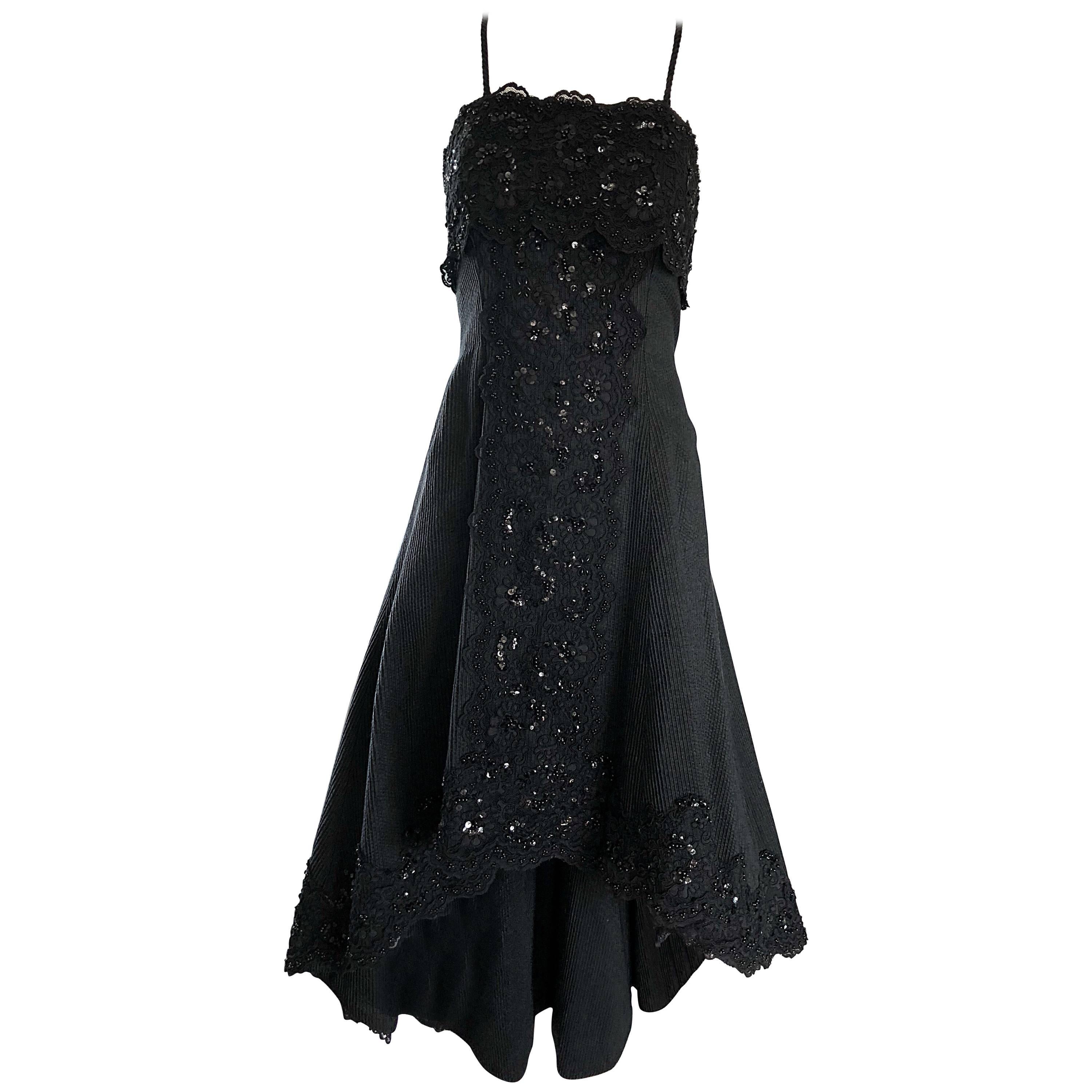 1990s Couture Black Silk Hi - Lo Beaded Sleeveless 50s Style Cocktail Dress For Sale