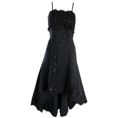 1990s Couture Black Silk Hi - Lo Beaded Sleeveless 50s Style Cocktail Dress