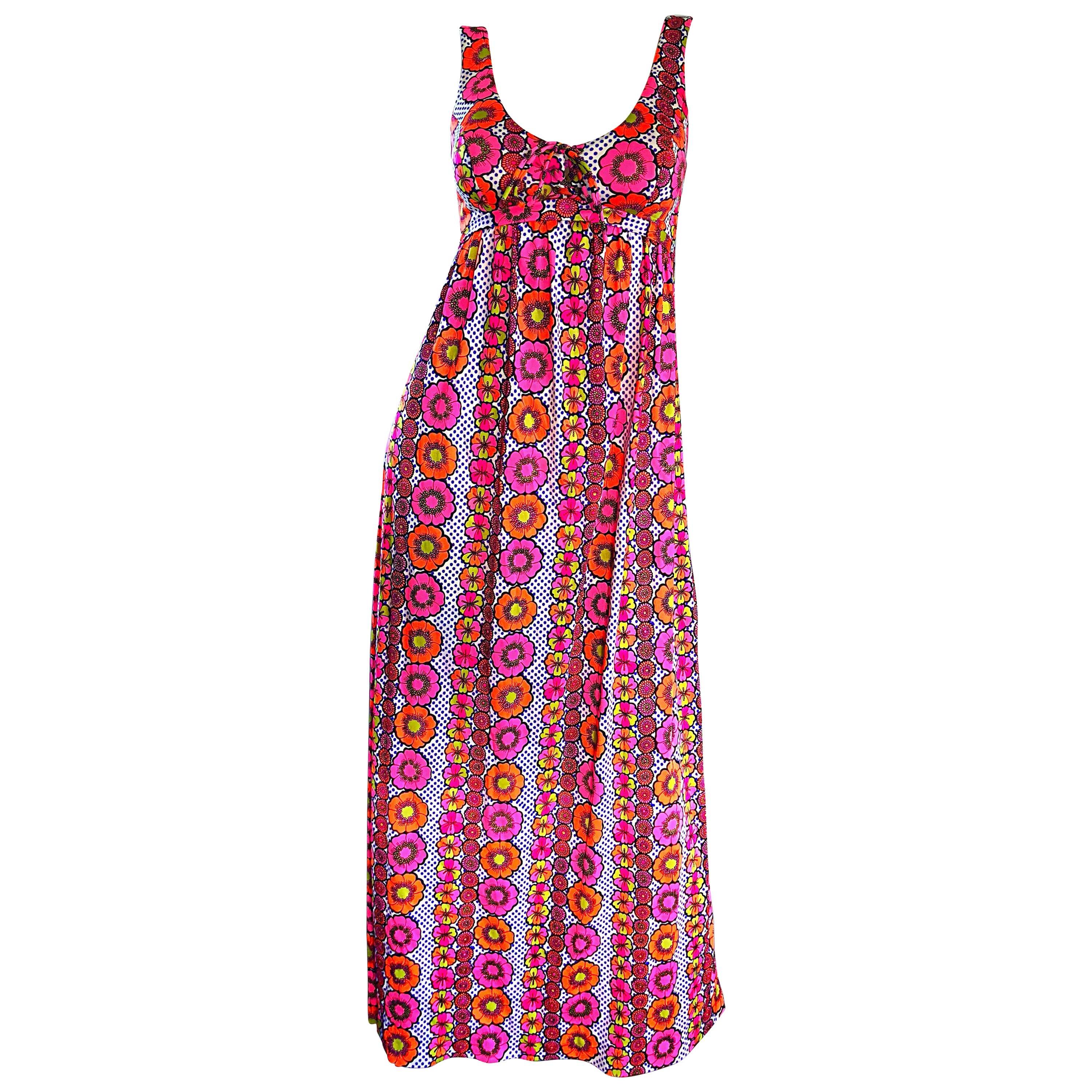 1970s Sirena of California Hot Pink Flowers and Polka Dots Jersey Maxi Dress For Sale