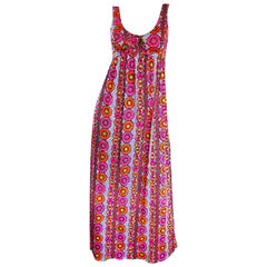 1970s Sirena of California Hot Pink Flowers and Polka Dots Jersey Maxi Dress