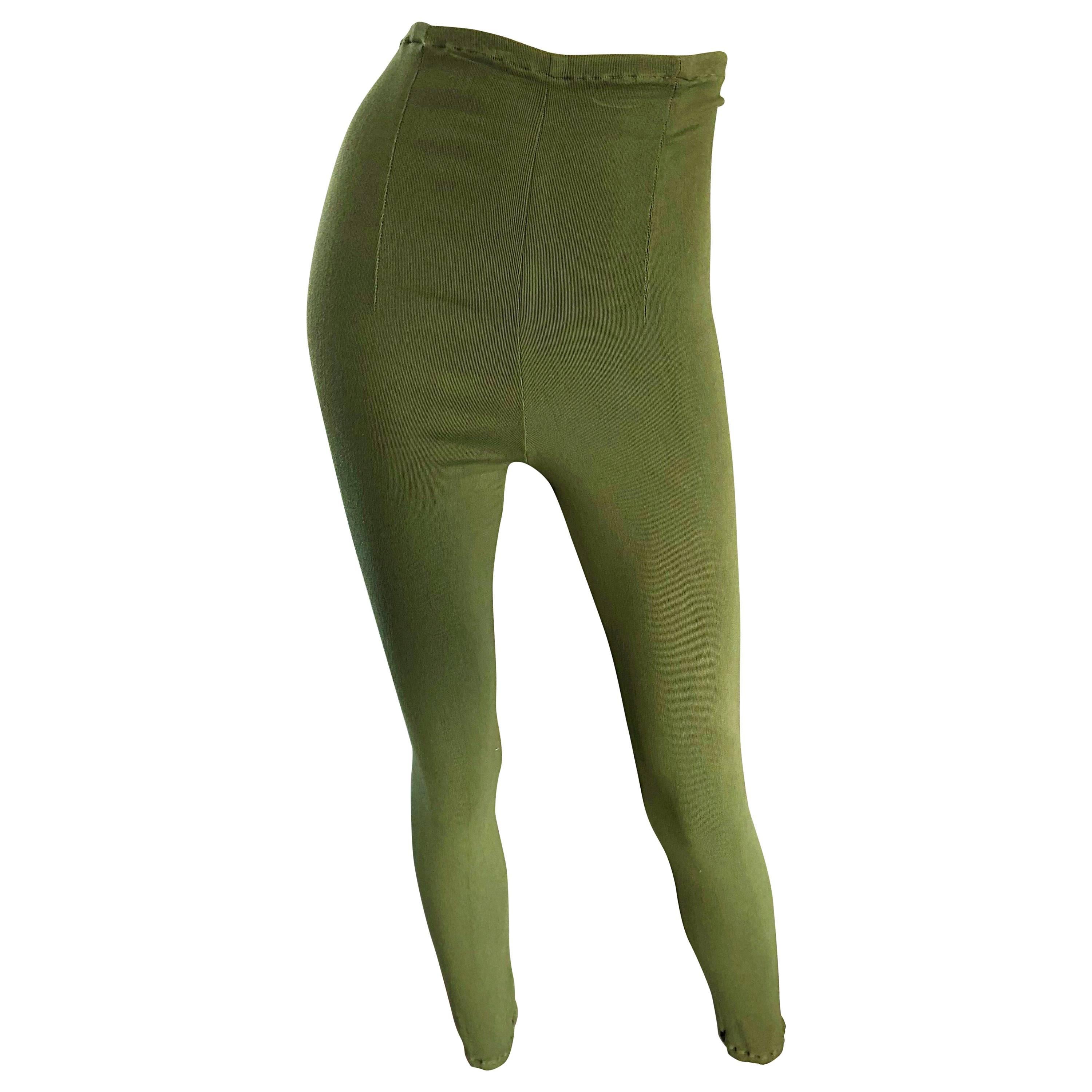 1990s Ghost of London Olive Green Ultra High Waisted Vintage Leggings Pants For Sale