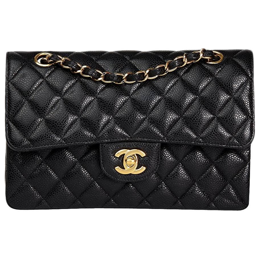 2009 Chanel Black Quilted Caviar Leather Small Classic Double Flap 