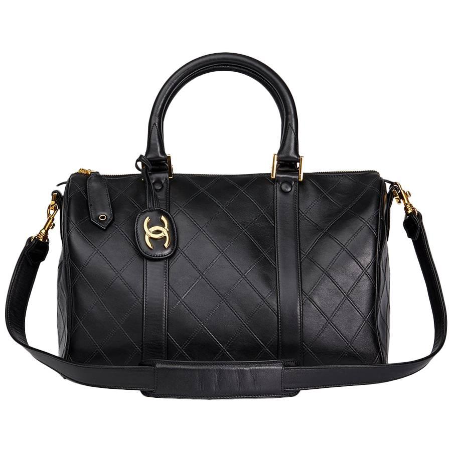1995 Chanel Black Quilted Lambskin Vintage Boston Bag 