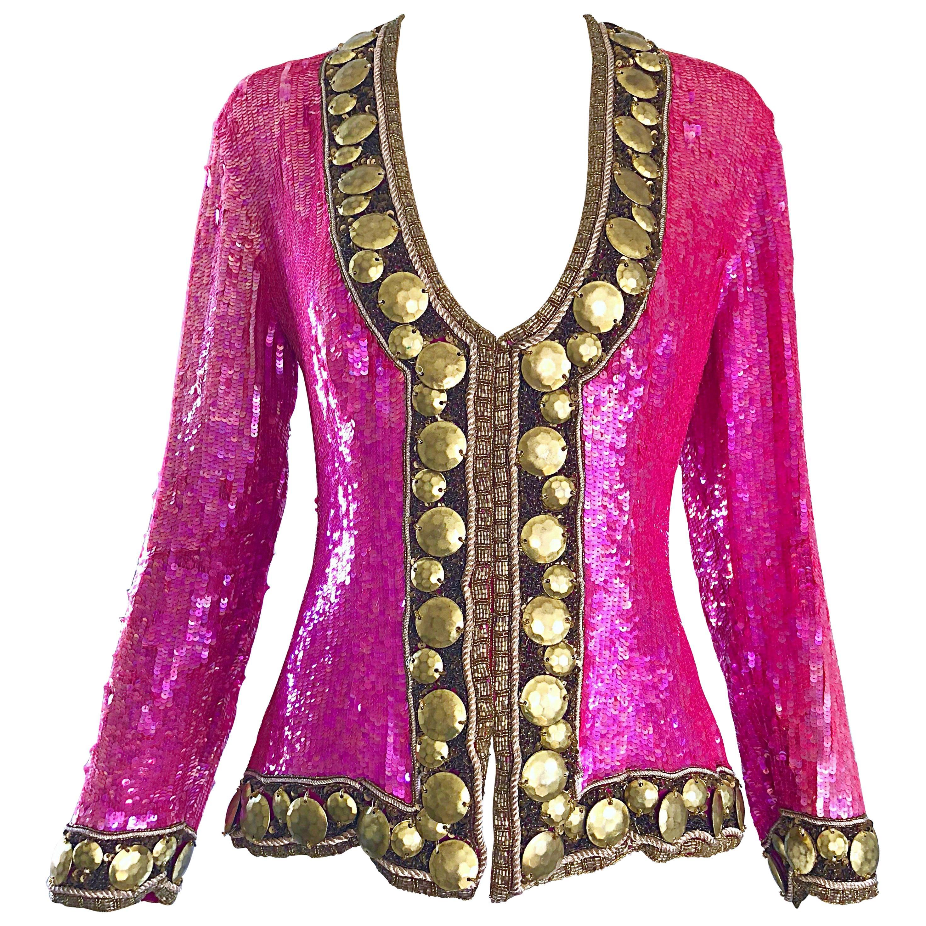 1990s Liza Carr for Lillie Rubin Hot Pink and Gold Sequin Beaded Silk Jacket For Sale