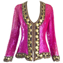 Liza Carr pour Lillie Rubin - Veste en soie perlée rose vif et or à paillettes, années 1990