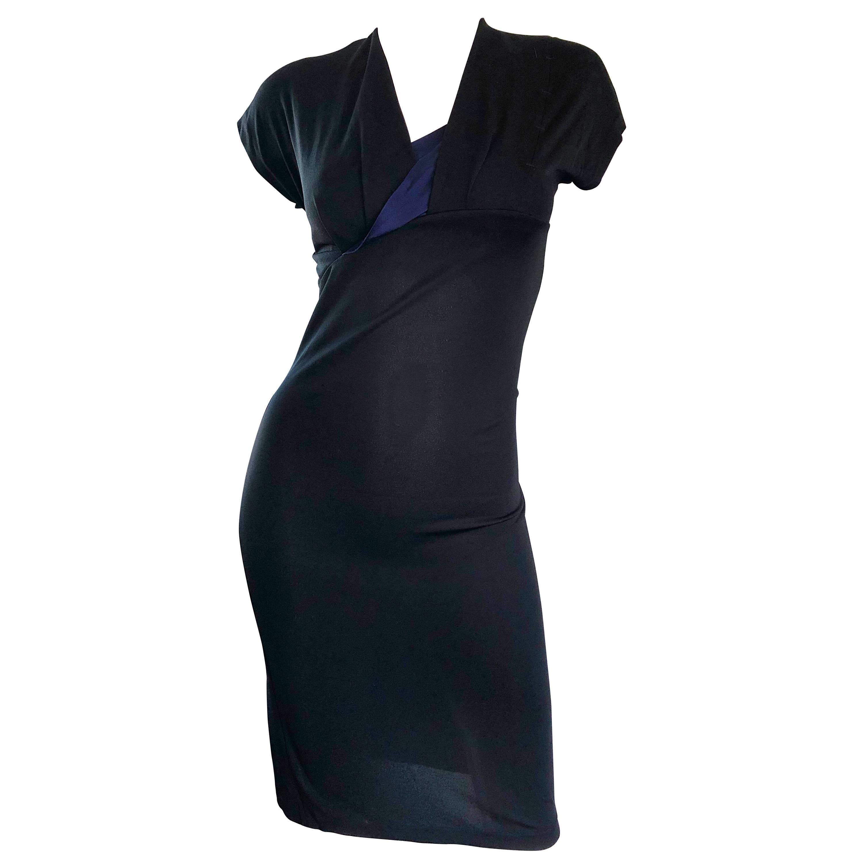 Vintage Salvatore Ferragamo 1990s Black and Navy Blue Jersey Dress Size 40 For Sale