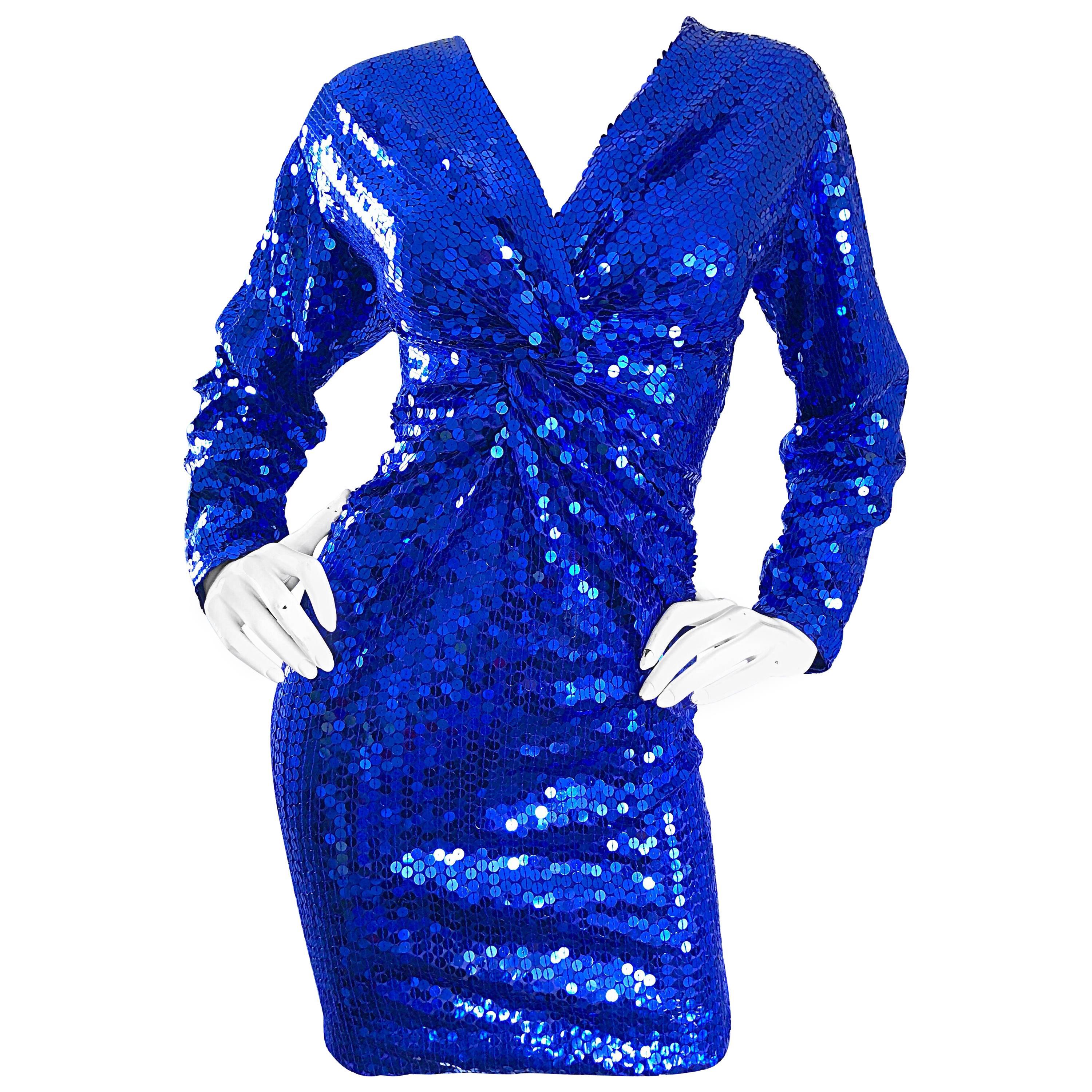 Oleg Cassini Vintage Royal Blue 1990s Fully Sequined Long Sleeved 90s Mini Dress
