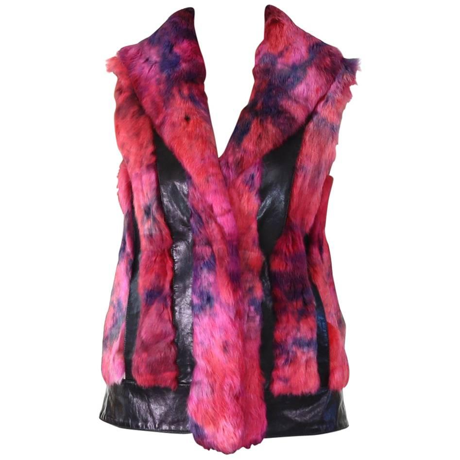 NEW VERSUS VERSACE PINK FUR SLEEVELESS JACKET with BLACK LEATHER For Sale
