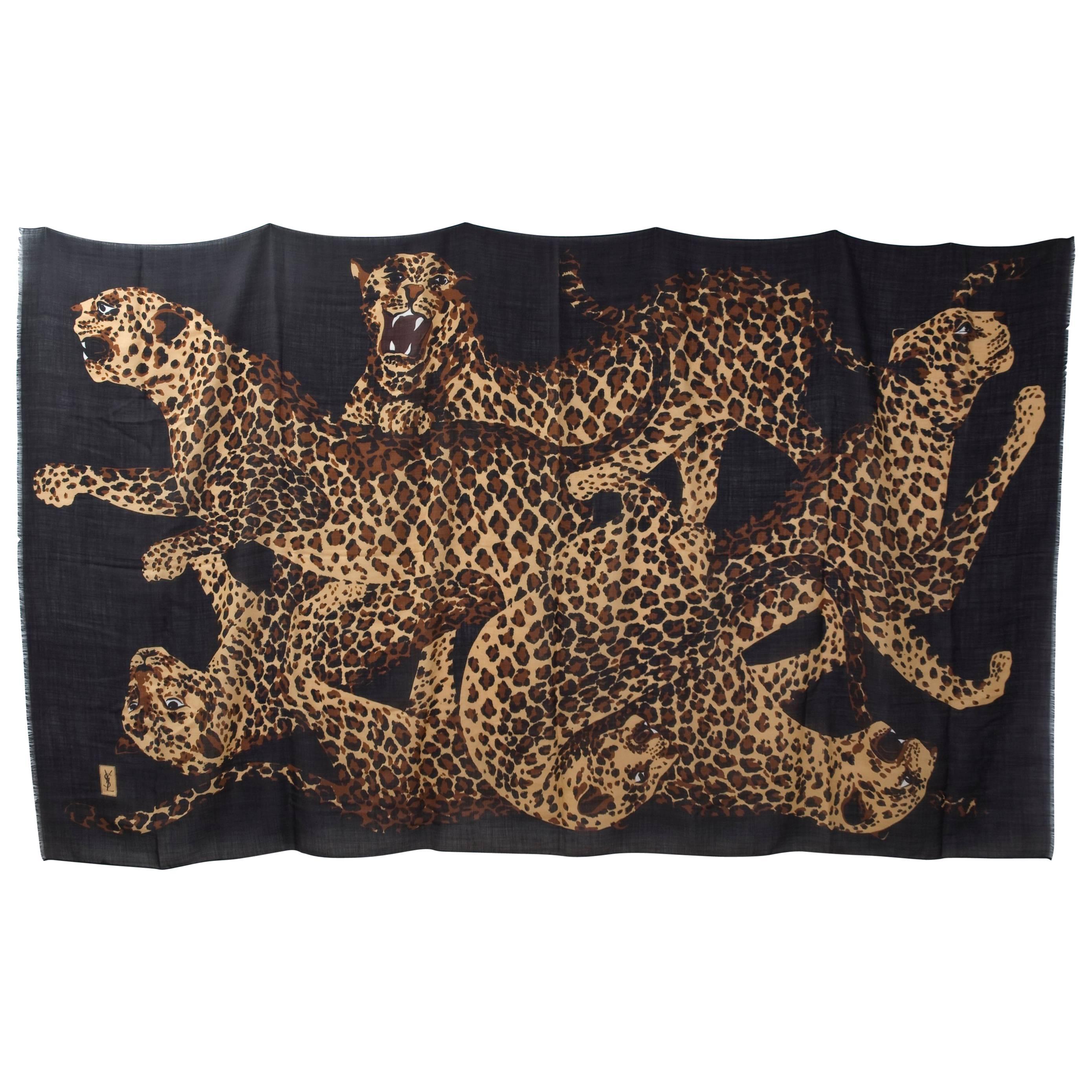 Yves Saint Laurent Vintage Giant Scarf Wrap Sarong with Leopards 90x54, 1980s   For Sale