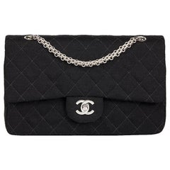 1996 Chanel Black Quilted Jersey Fabric Vintage Medium Classic Double Flap Bag