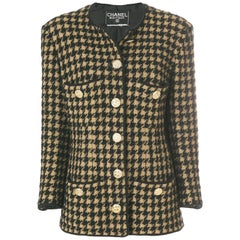 67113 auth CHANEL back & white silk 2007 07P HOUNDSTOOTH TWEED OPEN Jacket S