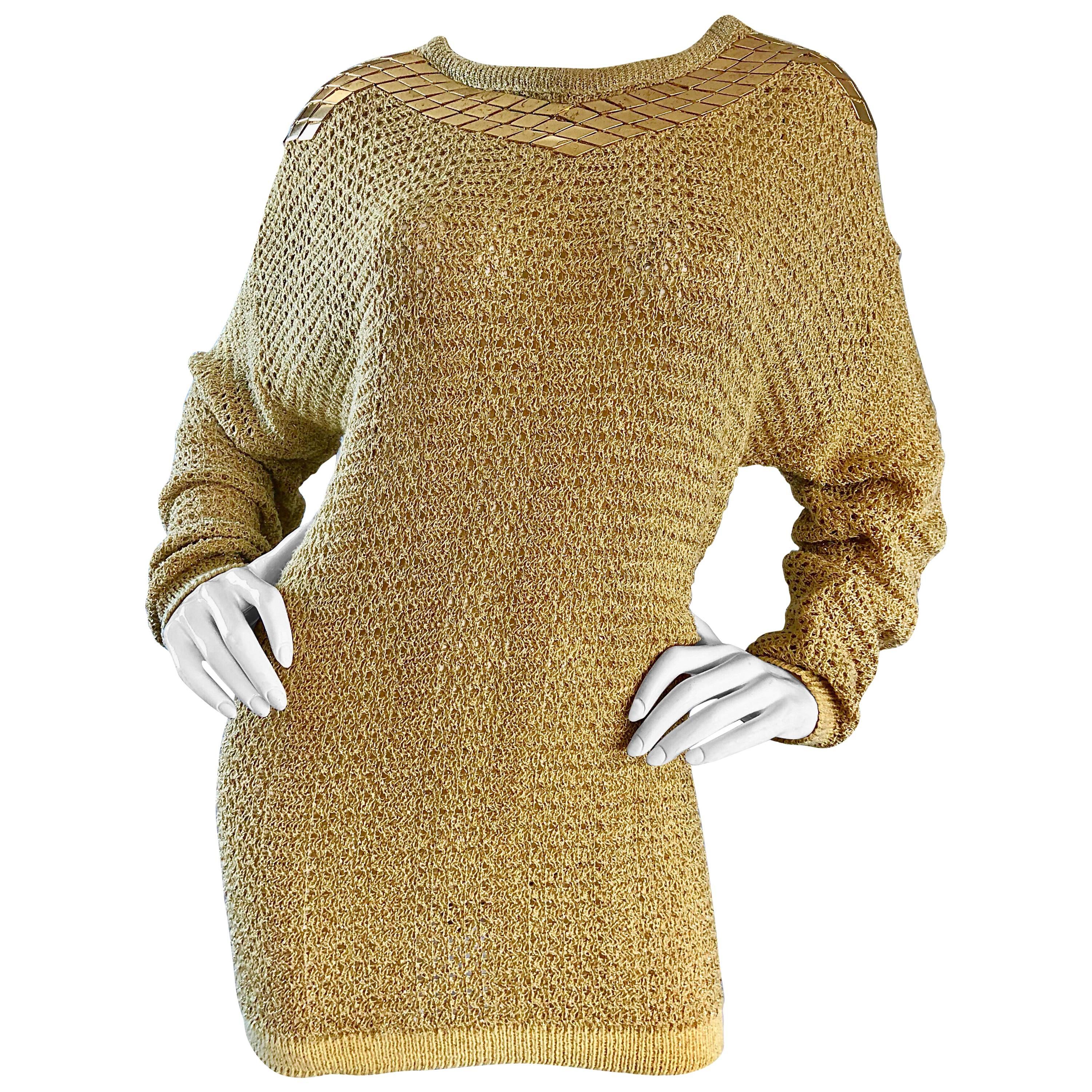 Marshall Rousso Vintage Gold Metallic Studded One Size Slouchy 1980s Sweater