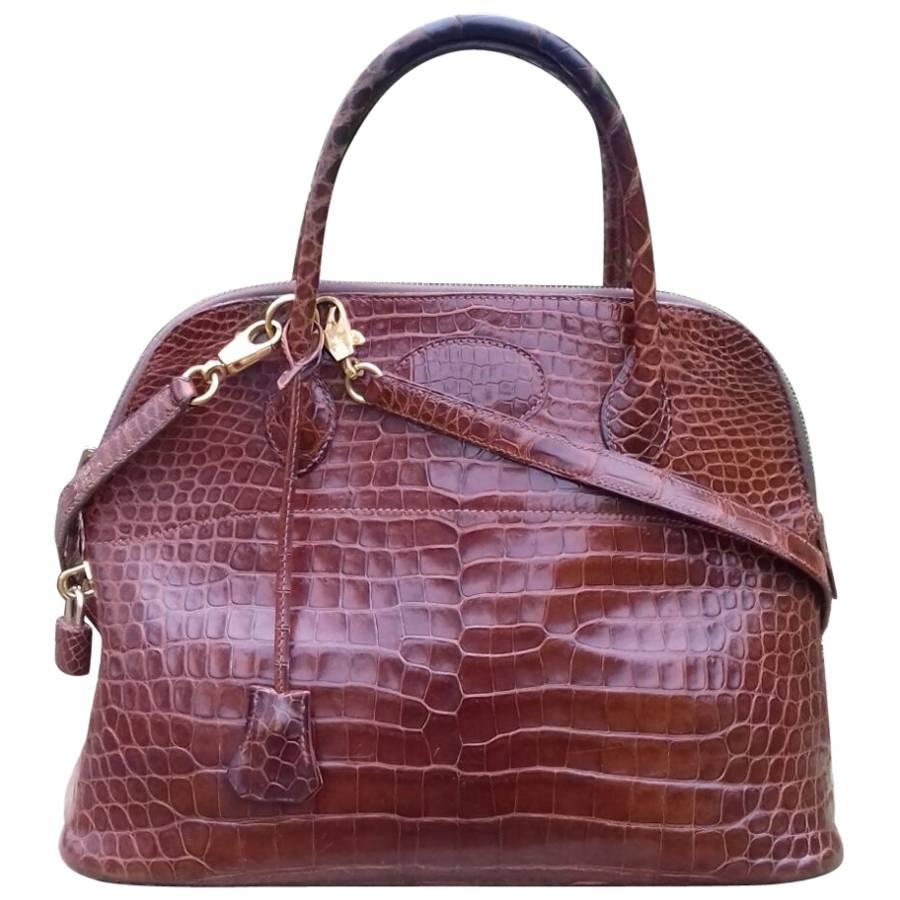 Hermes Bolide Bag 2 ways Cognac Crocodile Porosus Golden Hdw 31 cm