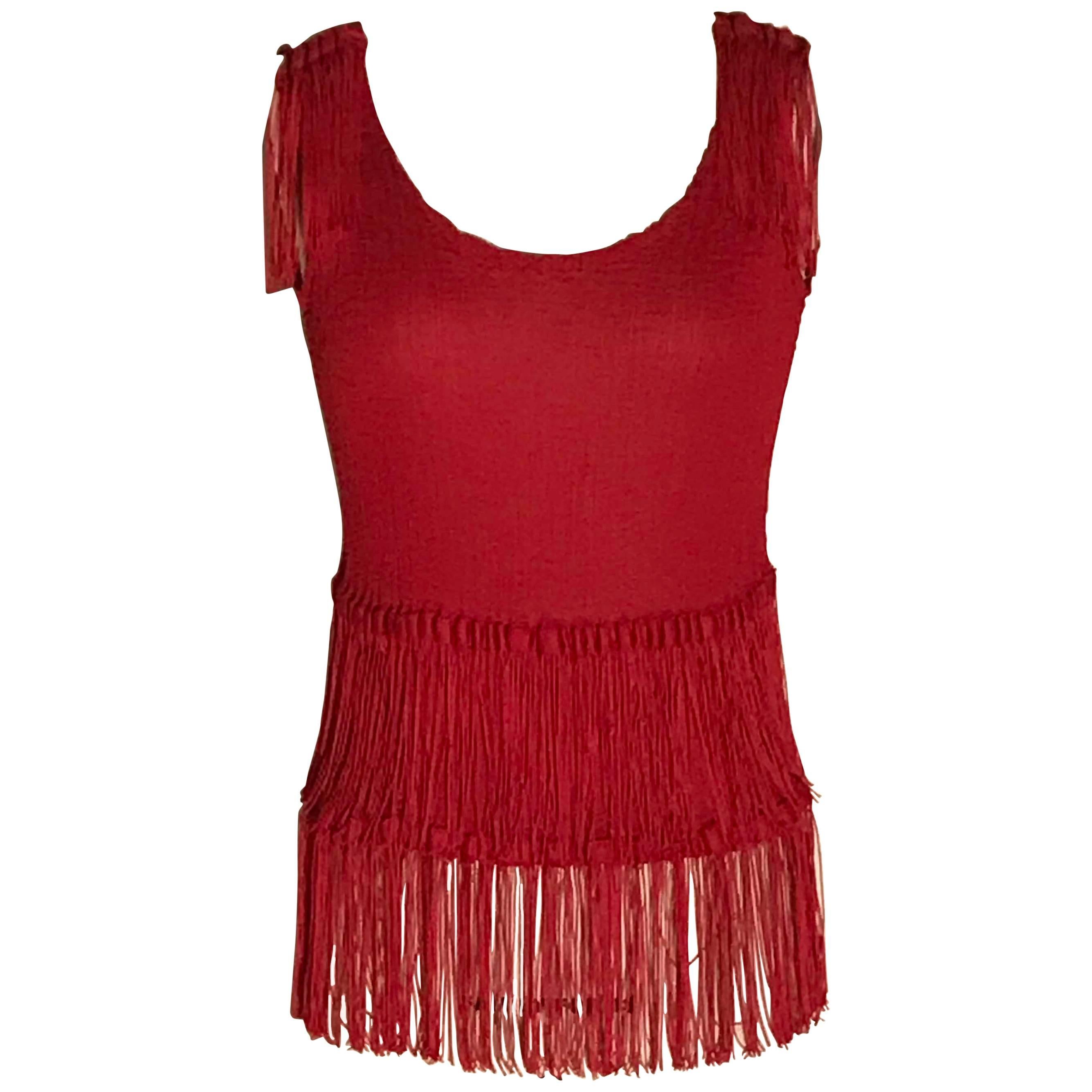 Issey Miyake Me Red Fringe Crinkle Pleat Tank Top For Sale