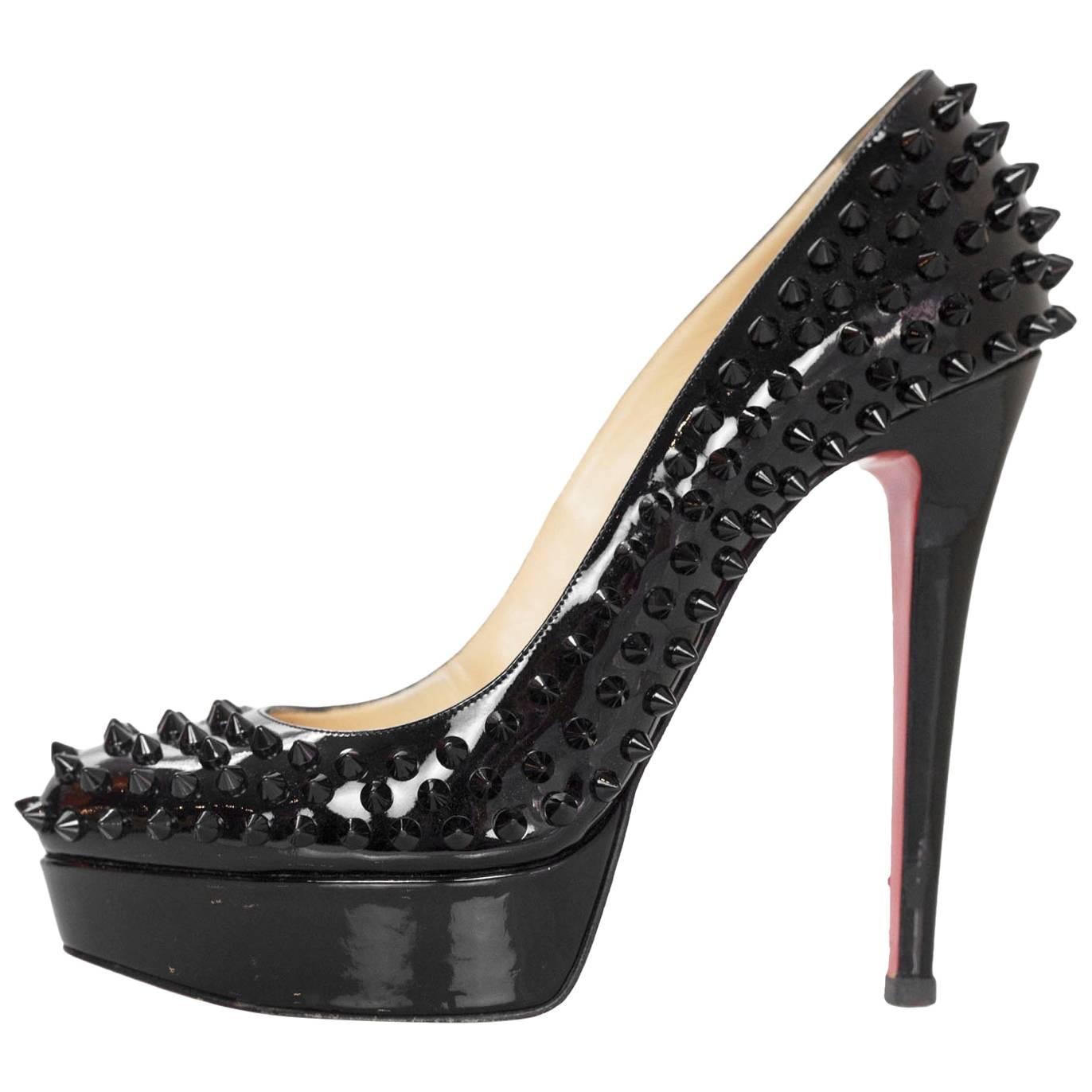 Christian Louboutin Black Spike Patent Leather Bianca 140 Pumps Sz 39 with Box