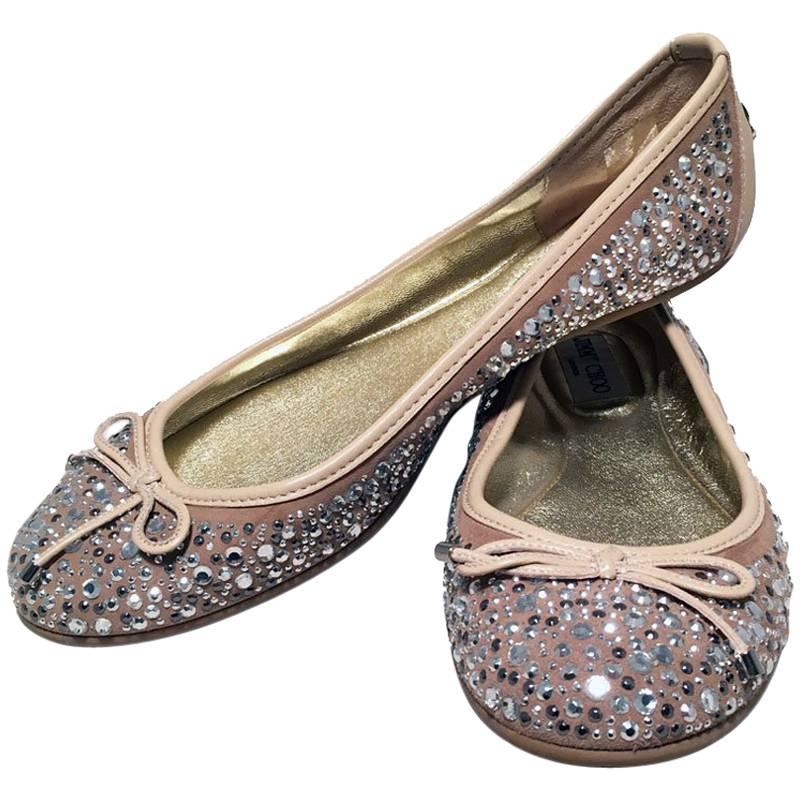 Jimmy Choo Nude and Gold Crystal Studded Ballet Flats Size 37.5
