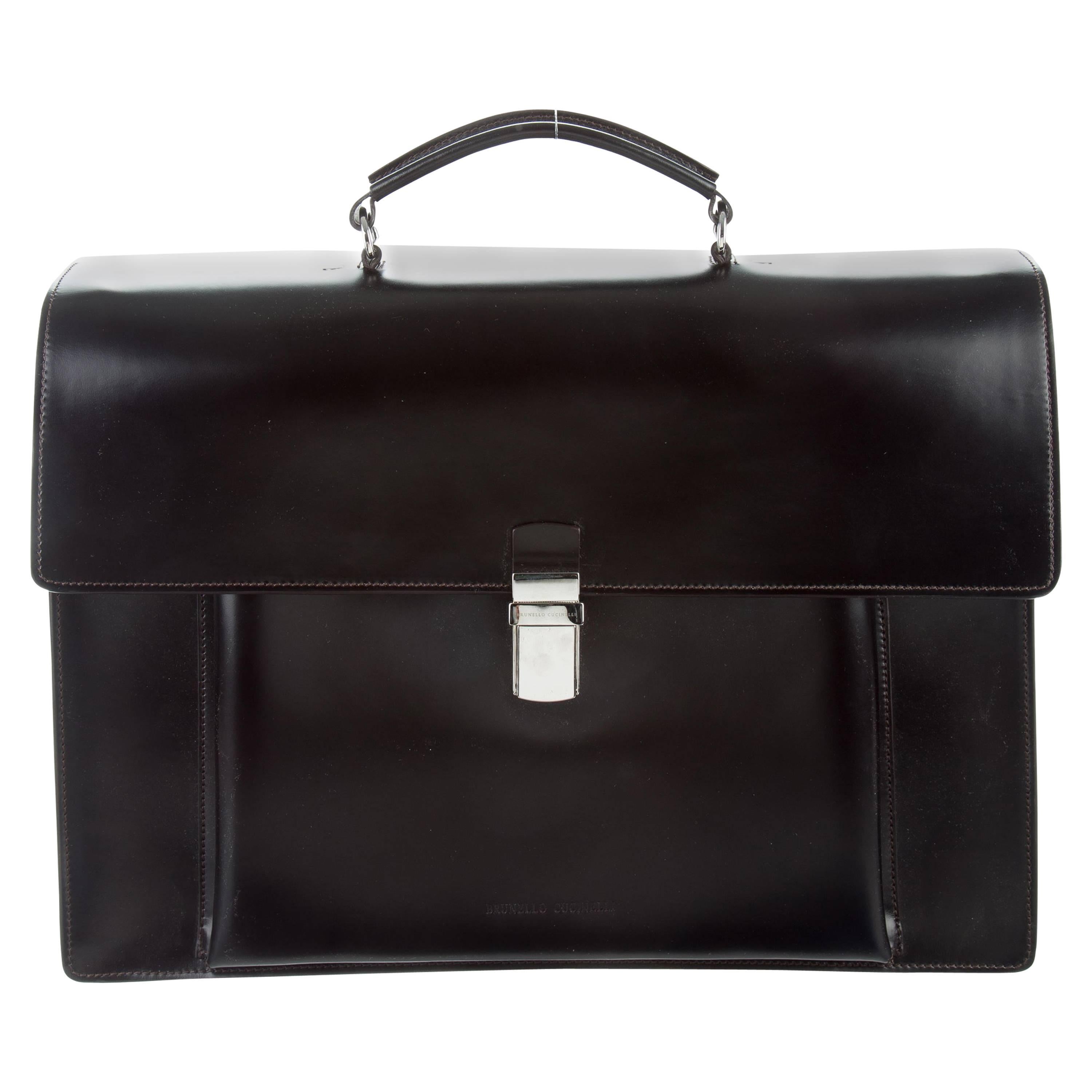 Brunello Cucinelli New Black Leather Silver Men's Travel Business Case Tote Bag