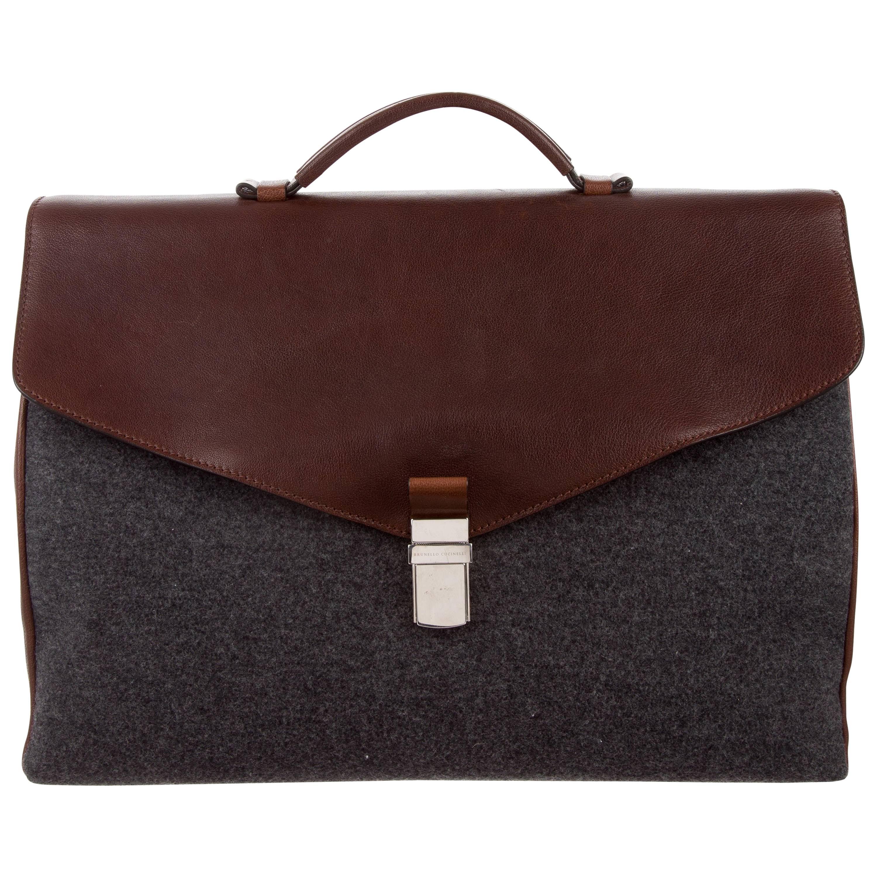 Brunello Cucinelli New Leather Cognac Wool Men's Travel Business Case Tote Bag