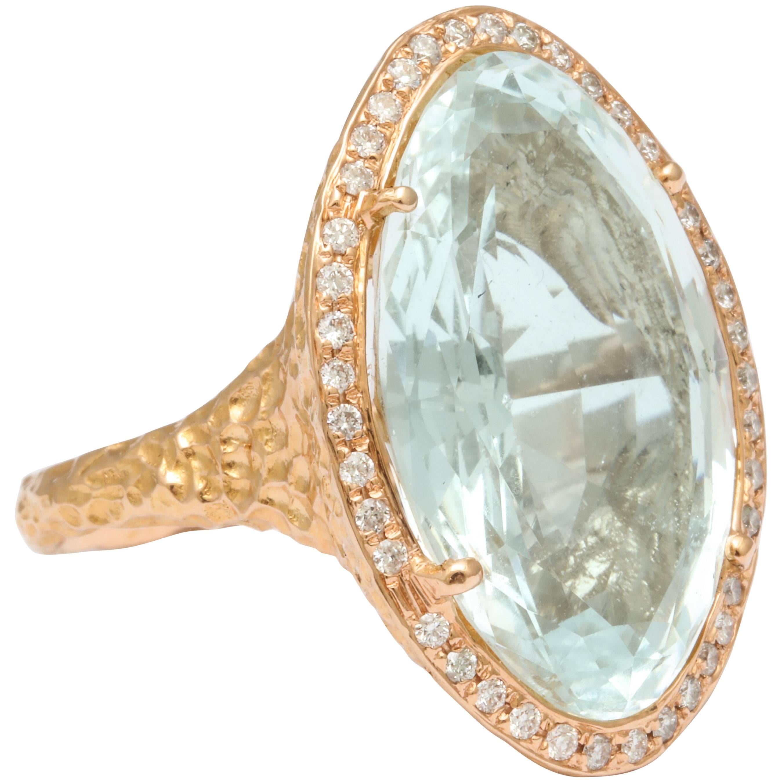  Oval Aquamarine Hand Hammered Ring For Sale