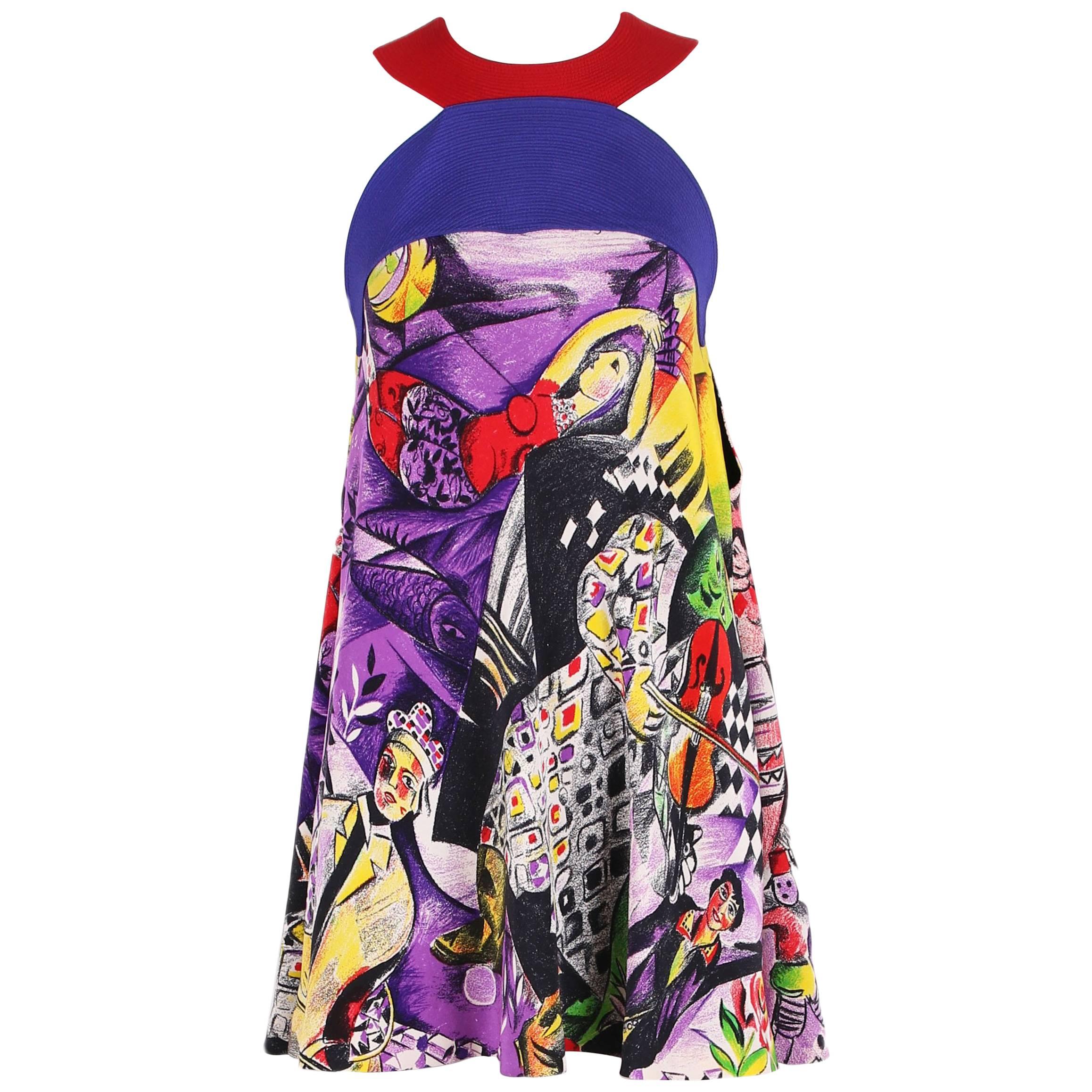 1992 Gianni Versace Couture Multi-Colored Silk "Chagall Print" Mini Dress 