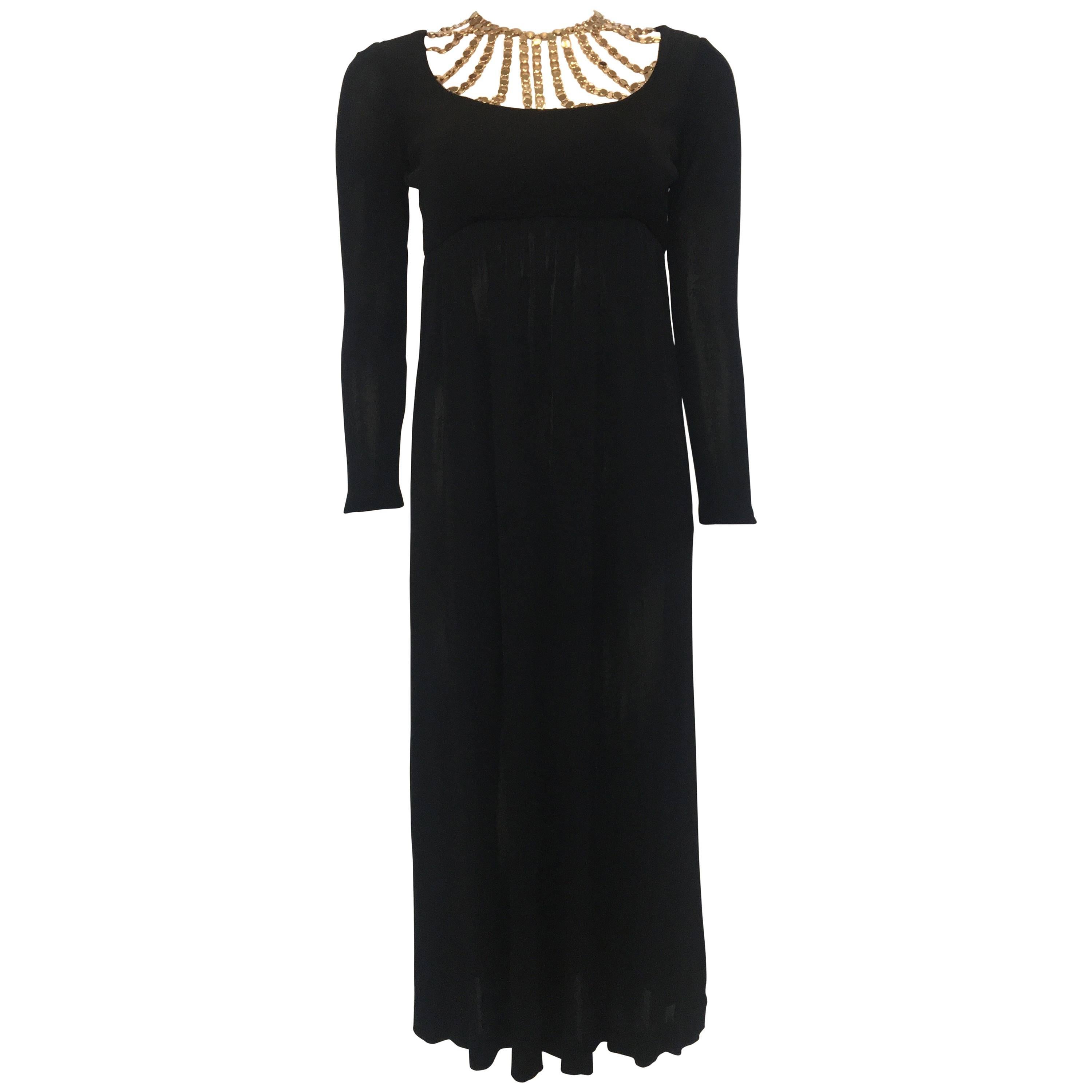 Jay Kobrin 1960's Black Matte Jersey Long Dress with Gold Chain Neckline For Sale