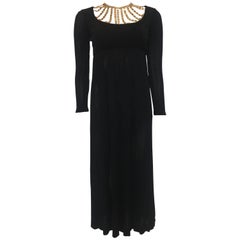 Vintage Jay Kobrin 1960's Black Matte Jersey Long Dress with Gold Chain Neckline