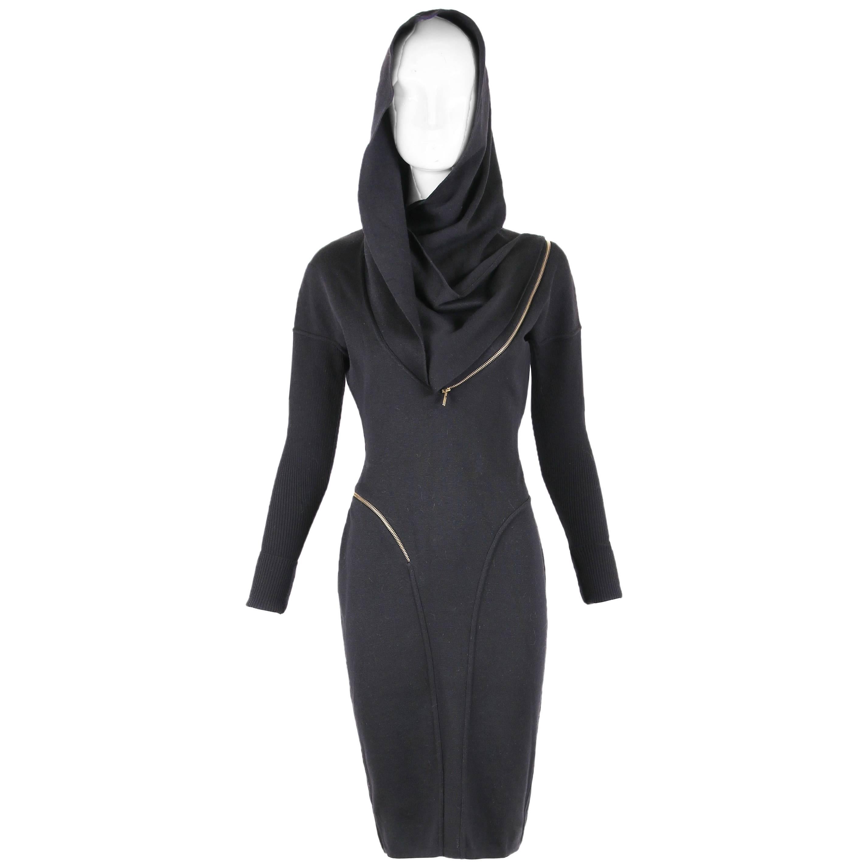 Alaia Museum Quality Black Hooded And Zippered Bodycon Dress, 1986