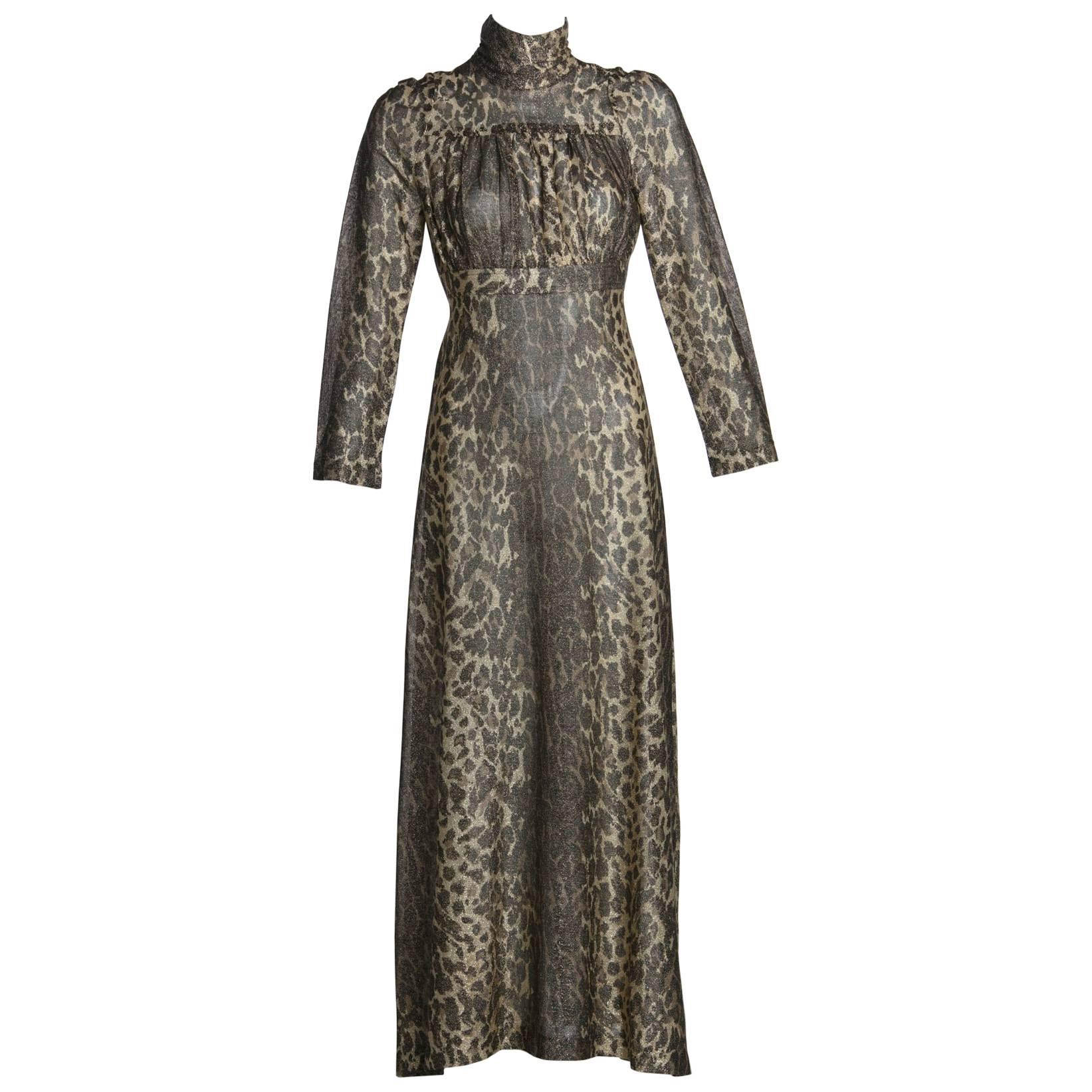 1970s Janice Wainwright Empire Waist Metallic Cheetah Print Maxi Dress For Sale