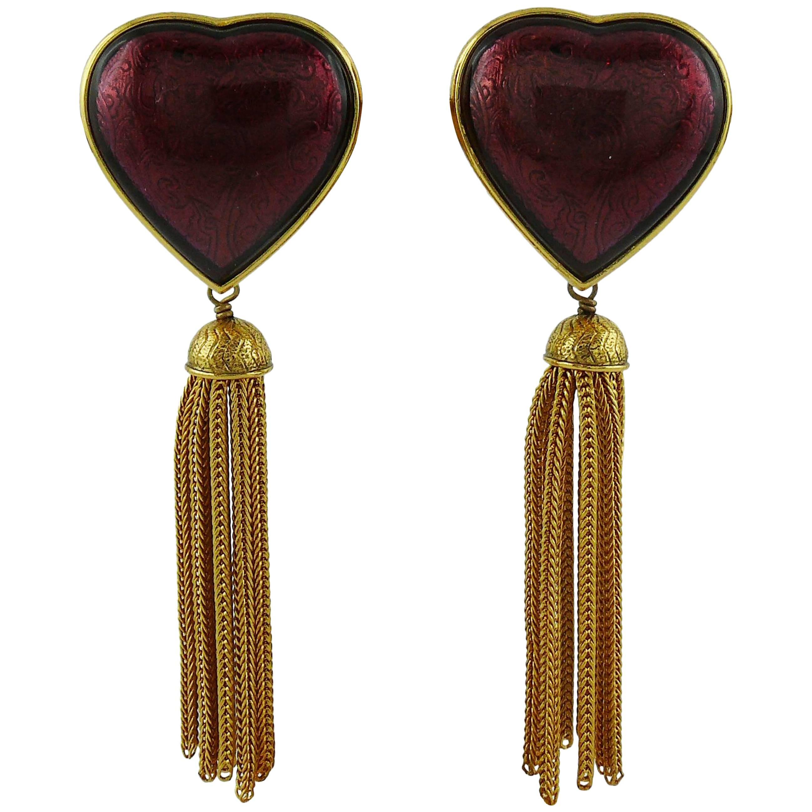 Yves Saint Laurent YSL Vintage Red Heart and Tassel Dangling Earrings