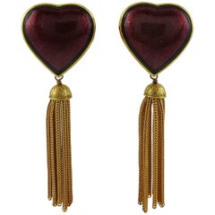Yves Saint Laurent YSL Vintage Red Heart and Tassel Dangling Earrings