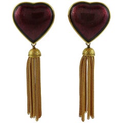 Yves Saint Laurent YSL Vintage Red Heart and Tassel Dangling Earrings