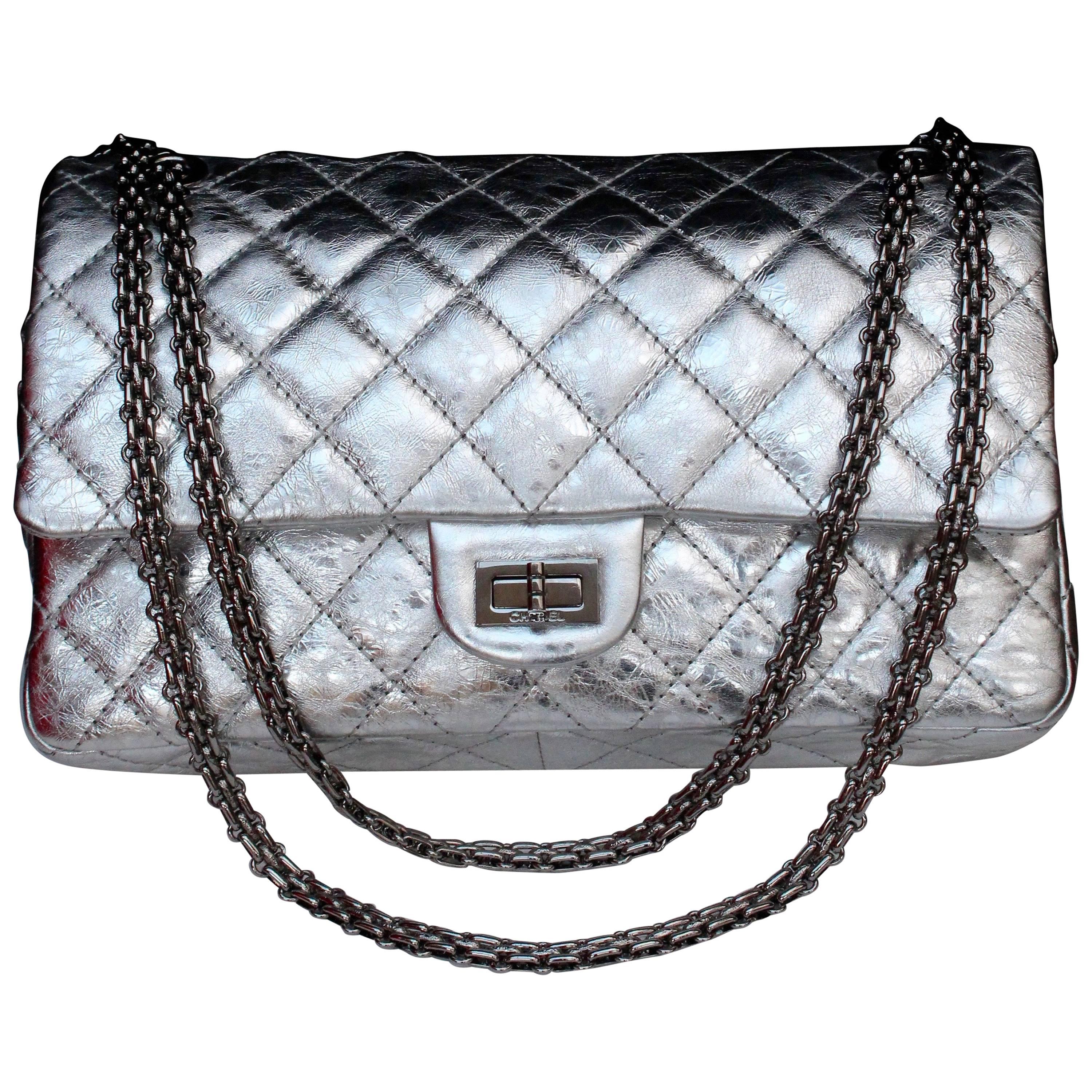 Chanel quilted 2.55 Model limited edition silvery leather bag 